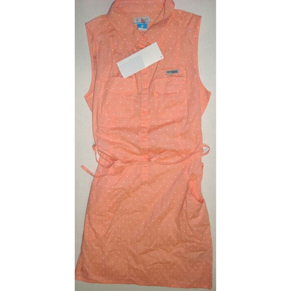 NWT New Womens Columbia Pink Peach Dot Dress PFG M White Pockets Cotton Rod Logo - Picture 8 of 10
